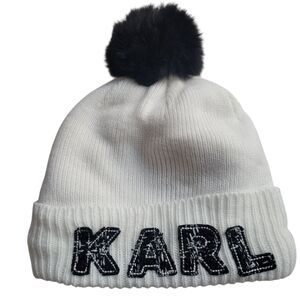 NWT Karl Lagerfeld Unisex Beanie Snow Winter Hat With Faux Fur Pom Pom
